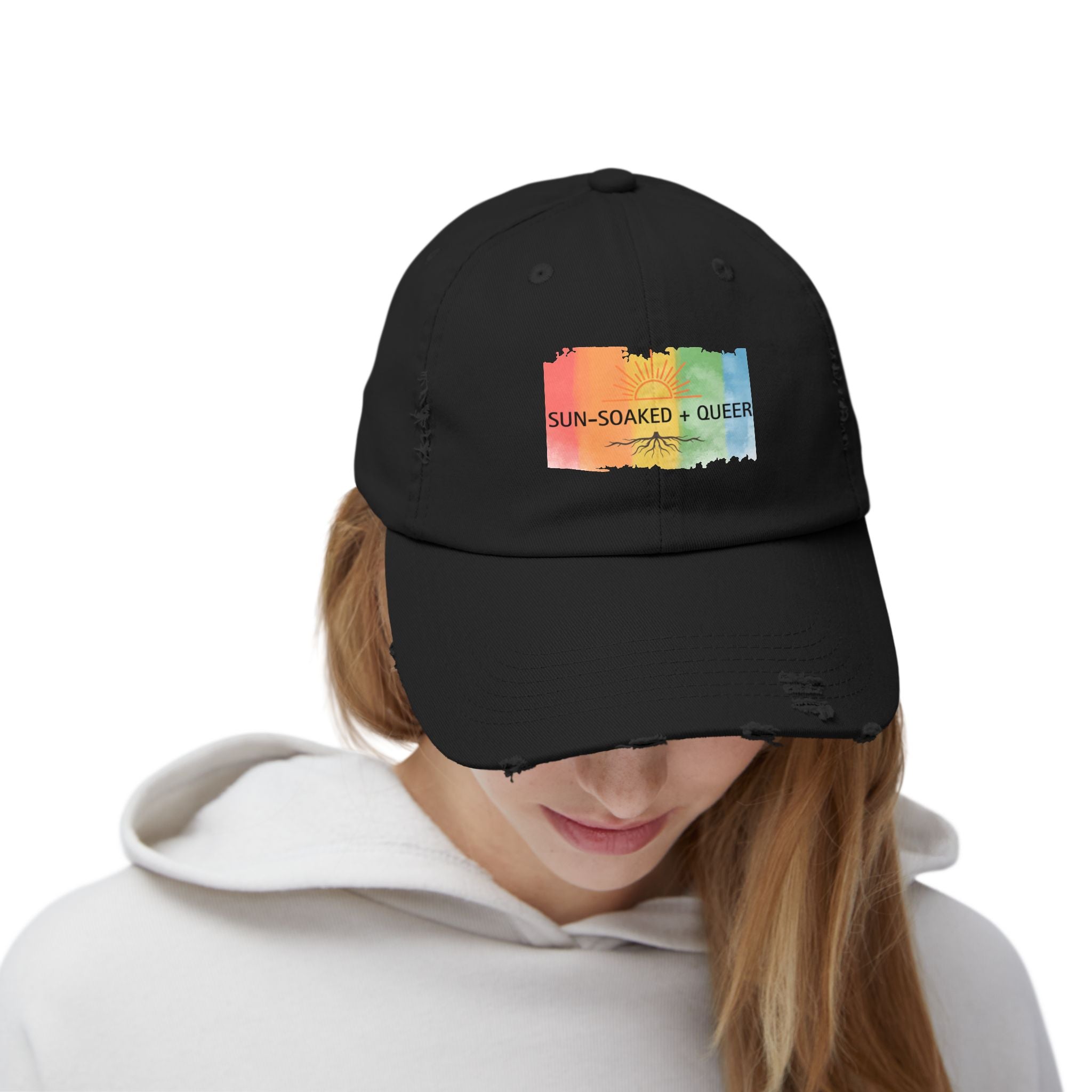 Sun-Soaked + Queer Pride Hat | LGBTQ+ Distressed Baseball Cap | Rainbow Roots Queer Hat | Gay Pride Cap | Soft Queer Apparel | Wild & Wander