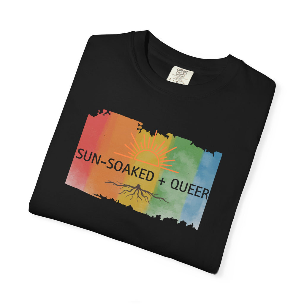 Sun-Soaked + Queer Pride T-Shirt | LGBTQ+ Rainbow Roots Tee | Queer Graphic Shirt | Gay Pride Apparel | Lesbian Owned Merch | Wild & Wander