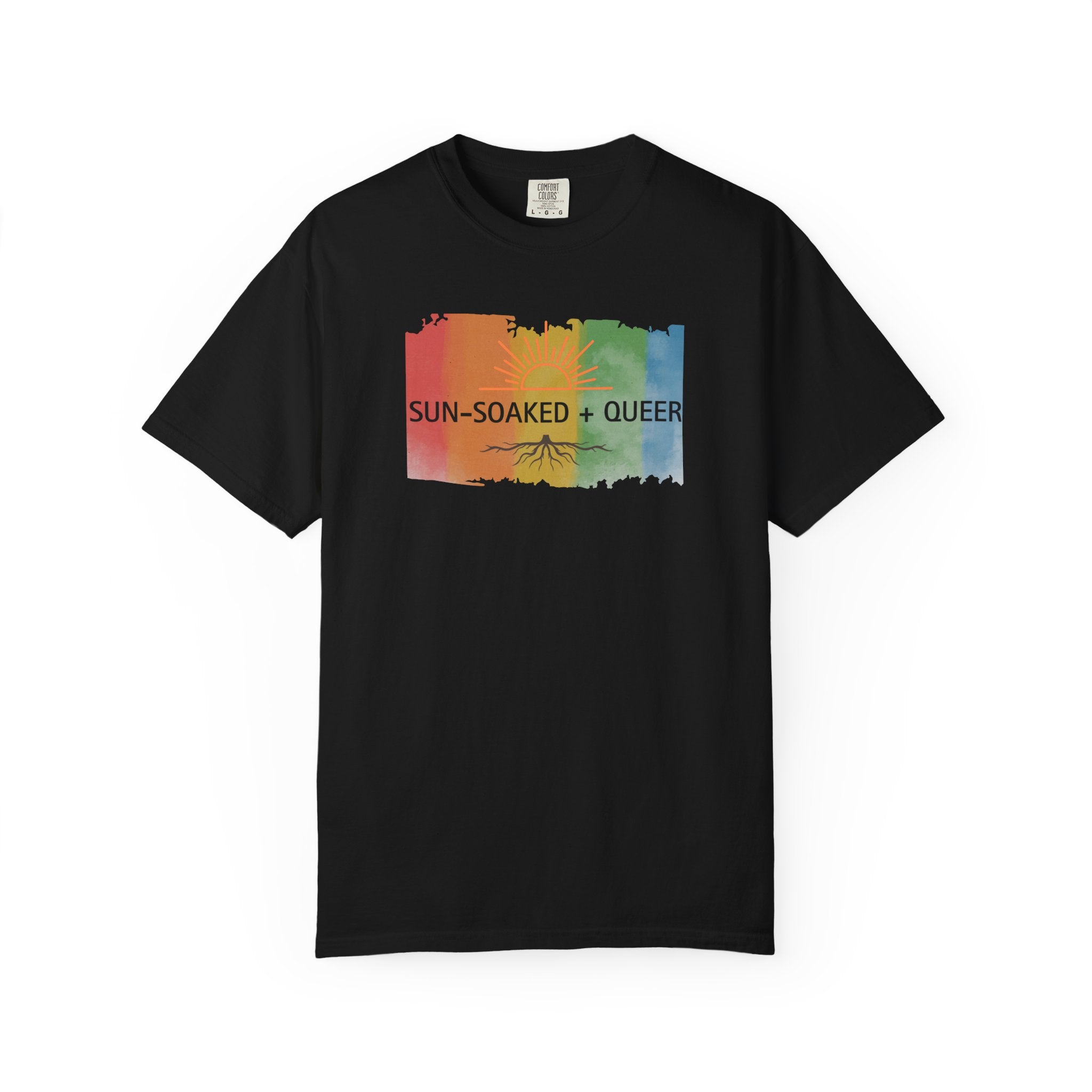 Sun-Soaked + Queer Pride T-Shirt | LGBTQ+ Rainbow Roots Tee | Queer Graphic Shirt | Gay Pride Apparel | Lesbian Owned Merch | Wild & Wander