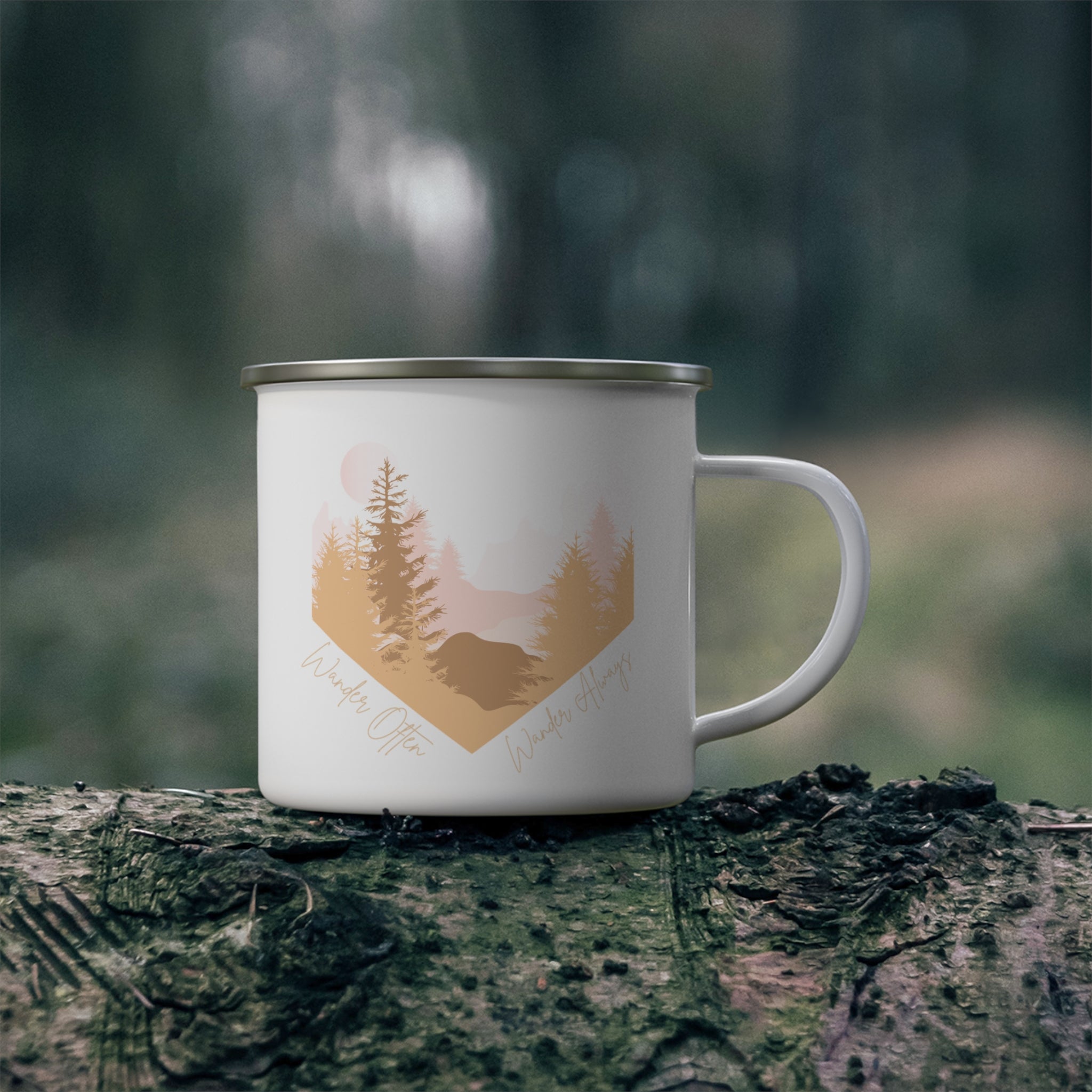 Wander Often Enamel Mug - Wild & Wander Soft Sunrise Camping Cup - Gentle Adventure Coffee Mug