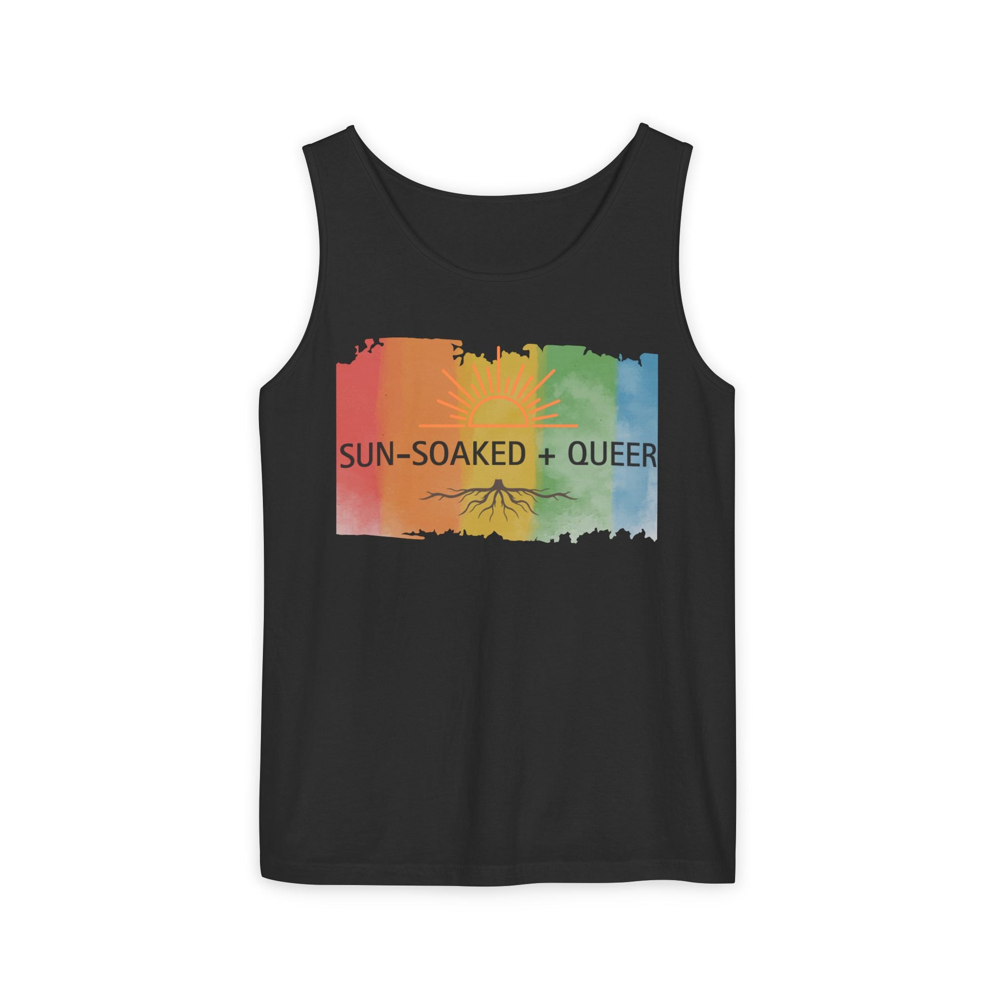 Sun-Soaked + Queer Pride Tank Top | LGBTQ+ Summer Shirt | Lesbian Queer Tank | Rainbow Roots Graphic | Gay Pride Apparel | Wild & Wander