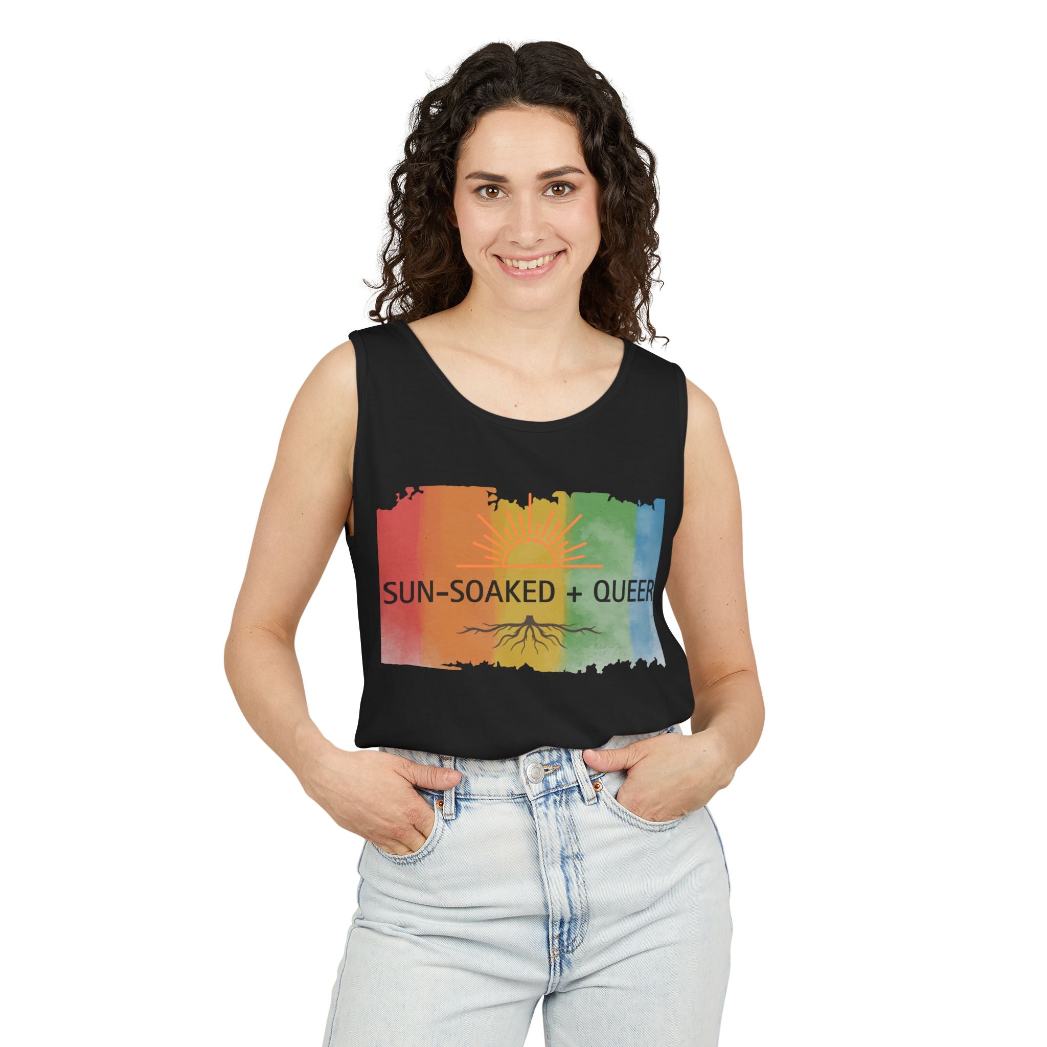 Sun-Soaked + Queer Pride Tank Top | LGBTQ+ Summer Shirt | Lesbian Queer Tank | Rainbow Roots Graphic | Gay Pride Apparel | Wild & Wander