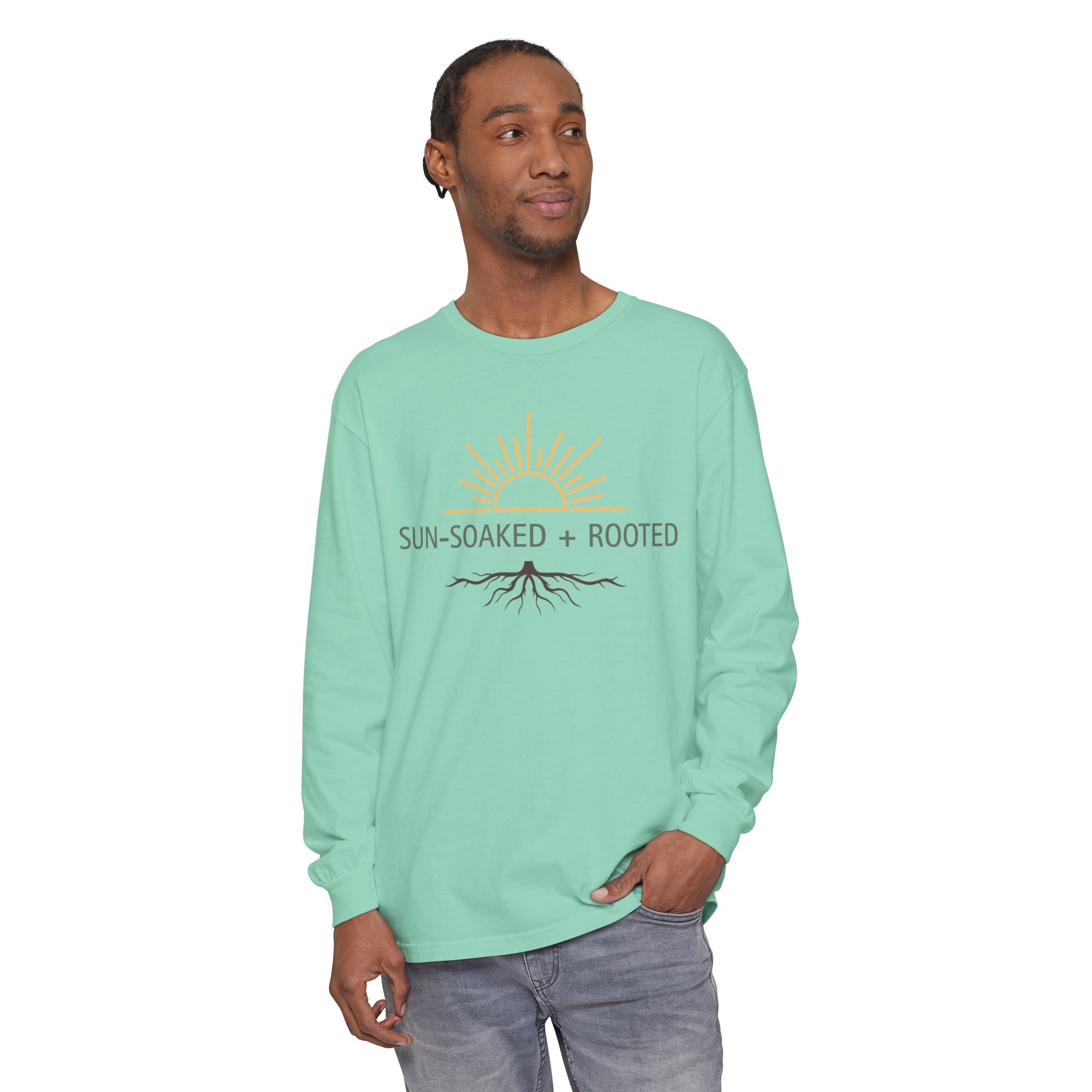 Wild & Wander Sun-Soaked + Rooted Long Sleeve Tee - Boho Layer for Chilly Summer Evenings