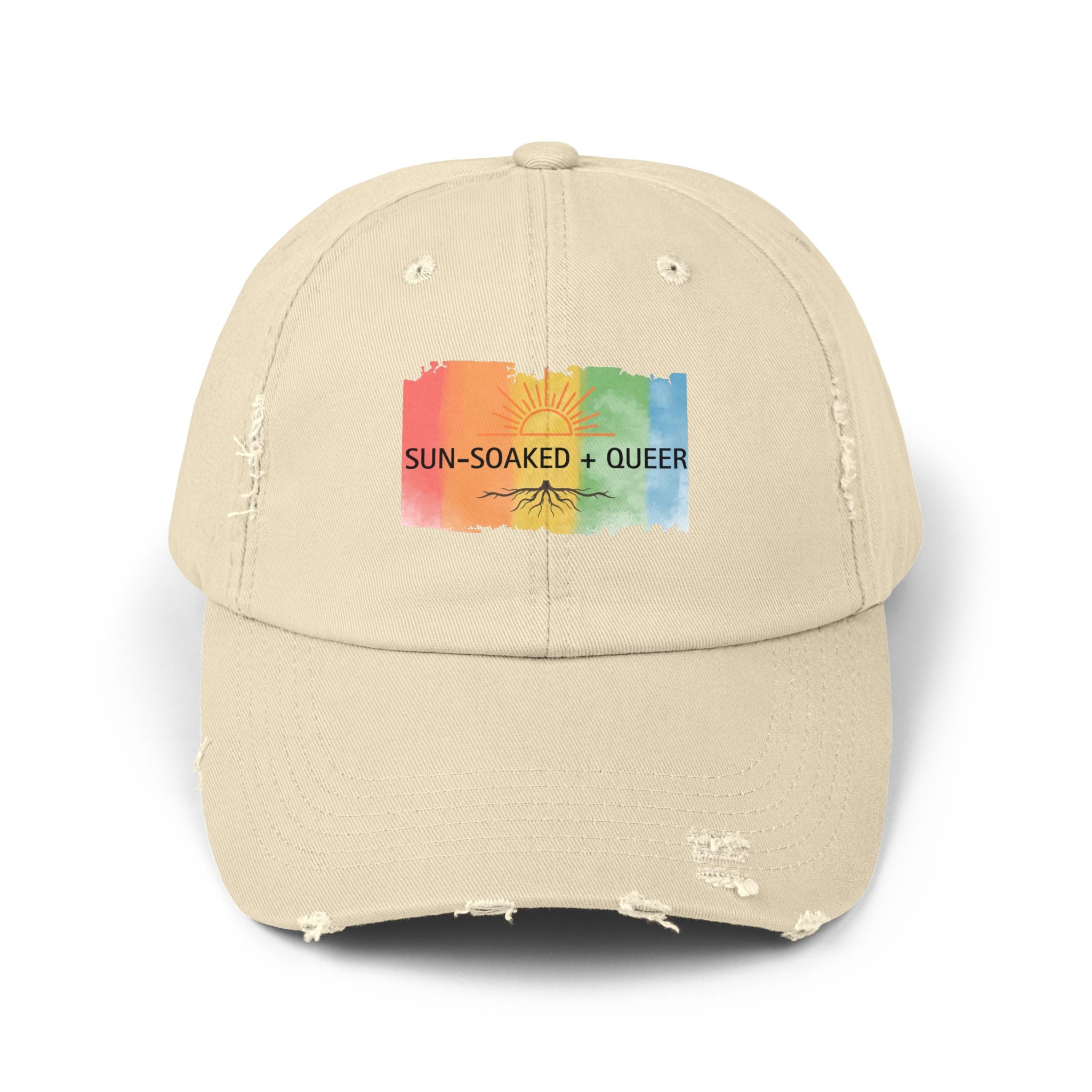 Sun-Soaked + Queer Pride Hat | LGBTQ+ Distressed Baseball Cap | Rainbow Roots Queer Hat | Gay Pride Cap | Soft Queer Apparel | Wild & Wander