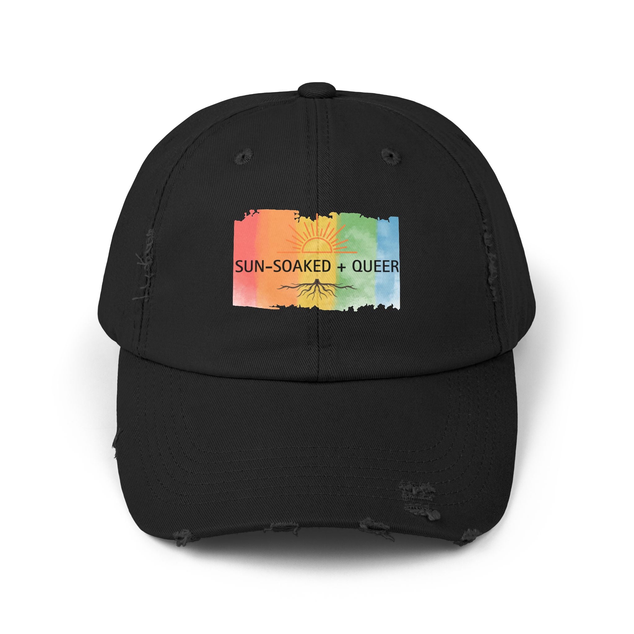 Sun-Soaked + Queer Pride Hat | LGBTQ+ Distressed Baseball Cap | Rainbow Roots Queer Hat | Gay Pride Cap | Soft Queer Apparel | Wild & Wander