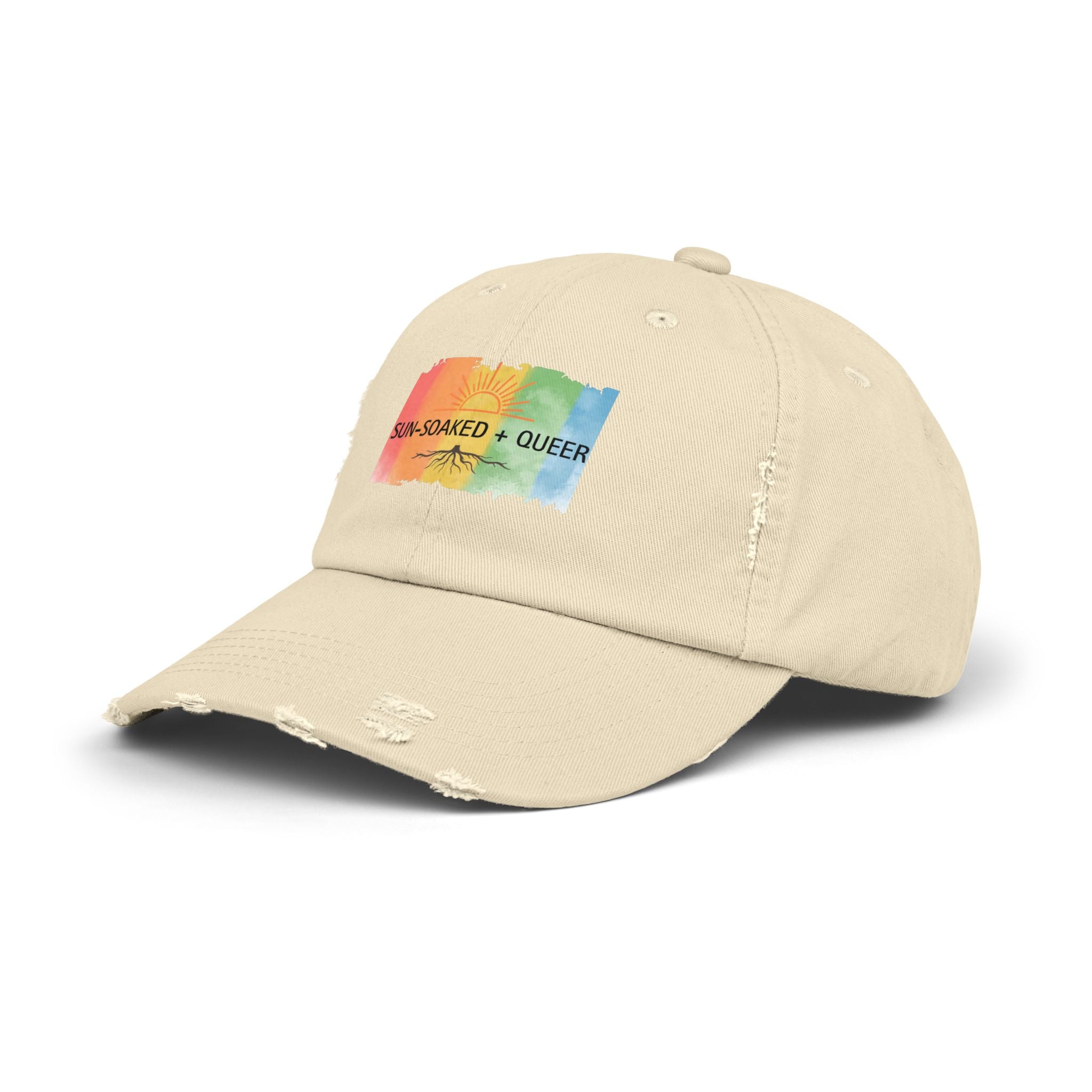 Sun-Soaked + Queer Pride Hat | LGBTQ+ Distressed Baseball Cap | Rainbow Roots Queer Hat | Gay Pride Cap | Soft Queer Apparel | Wild & Wander