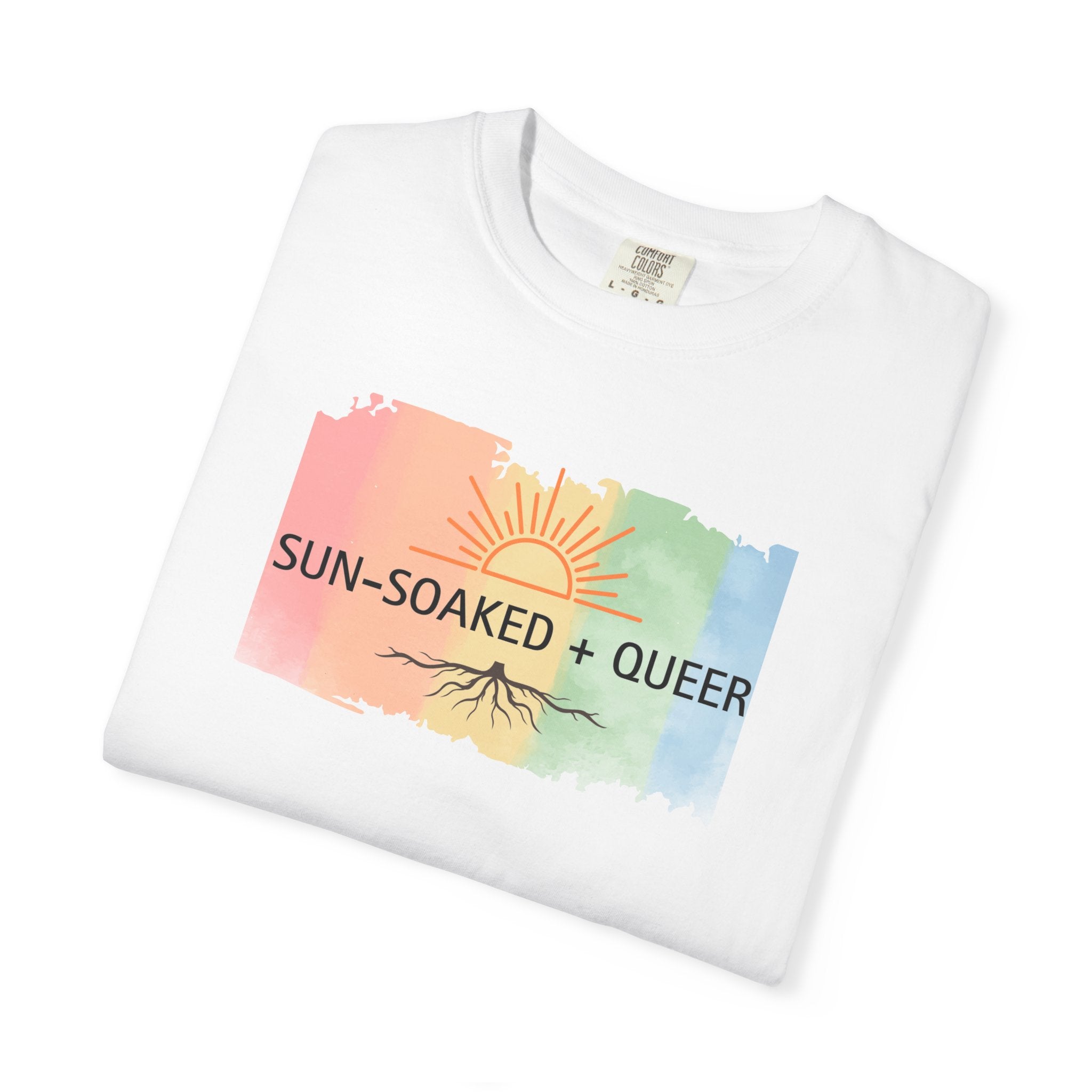 Sun-Soaked + Queer Pride T-Shirt | LGBTQ+ Rainbow Roots Tee | Queer Graphic Shirt | Gay Pride Apparel | Lesbian Owned Merch | Wild & Wander