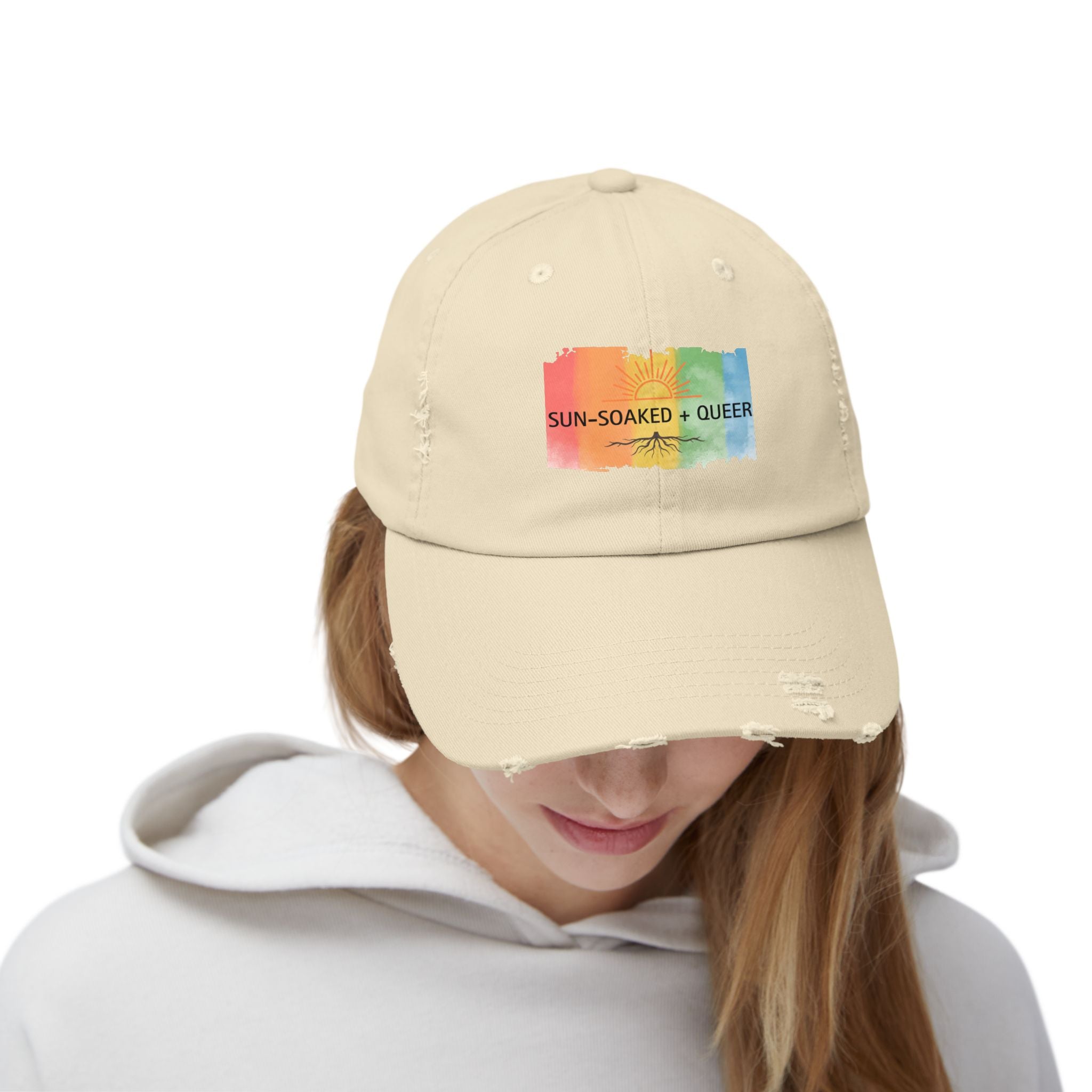 Sun-Soaked + Queer Pride Hat | LGBTQ+ Distressed Baseball Cap | Rainbow Roots Queer Hat | Gay Pride Cap | Soft Queer Apparel | Wild & Wander