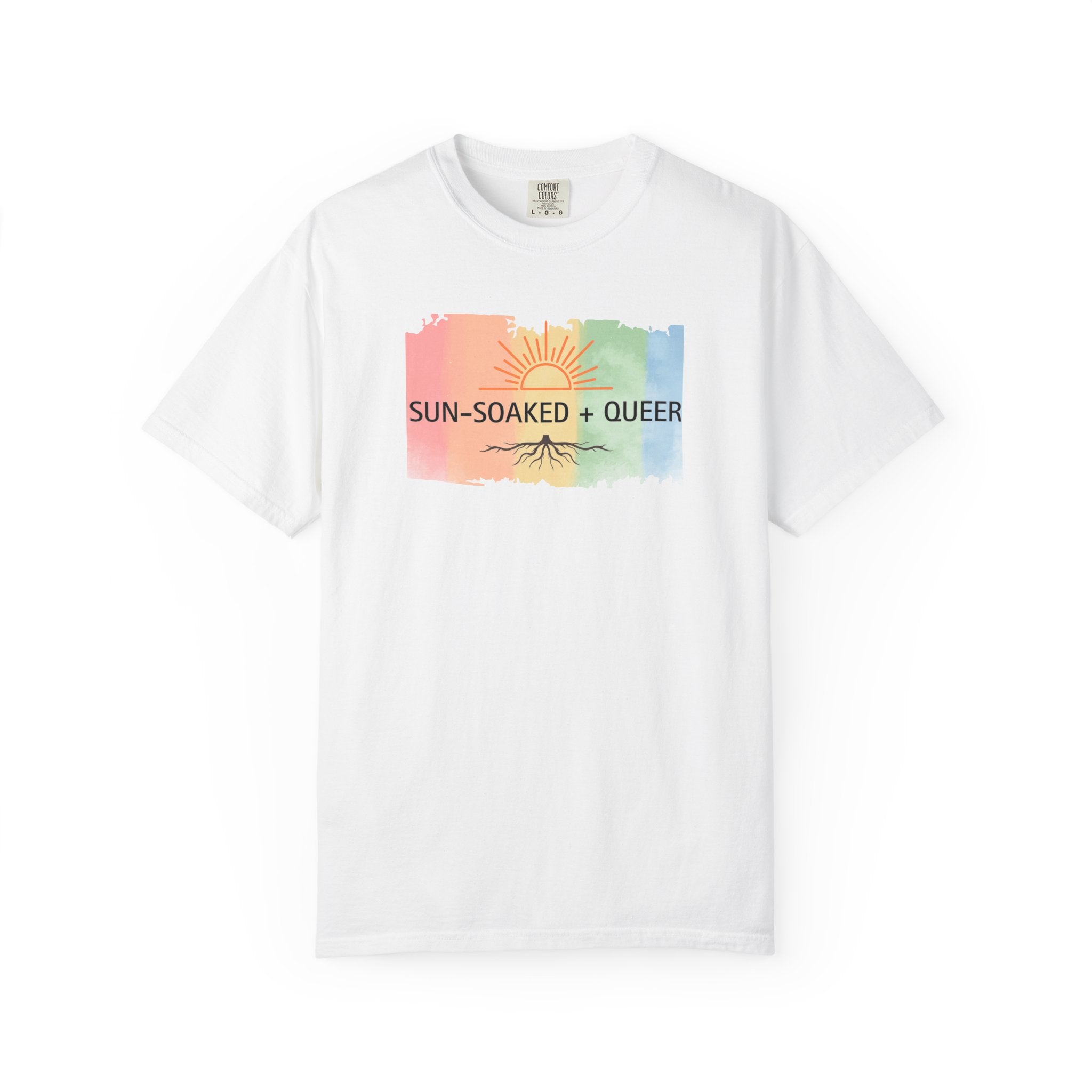 Sun-Soaked + Queer Pride T-Shirt | LGBTQ+ Rainbow Roots Tee | Queer Graphic Shirt | Gay Pride Apparel | Lesbian Owned Merch | Wild & Wander