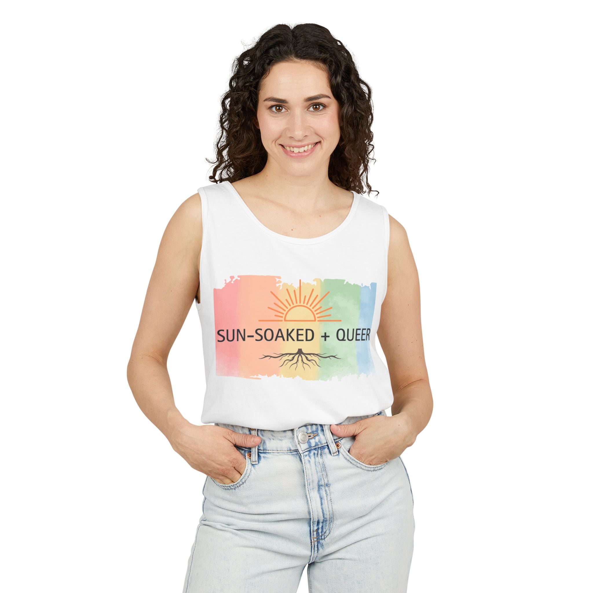 Sun-Soaked + Queer Pride Tank Top | LGBTQ+ Summer Shirt | Lesbian Queer Tank | Rainbow Roots Graphic | Gay Pride Apparel | Wild & Wander