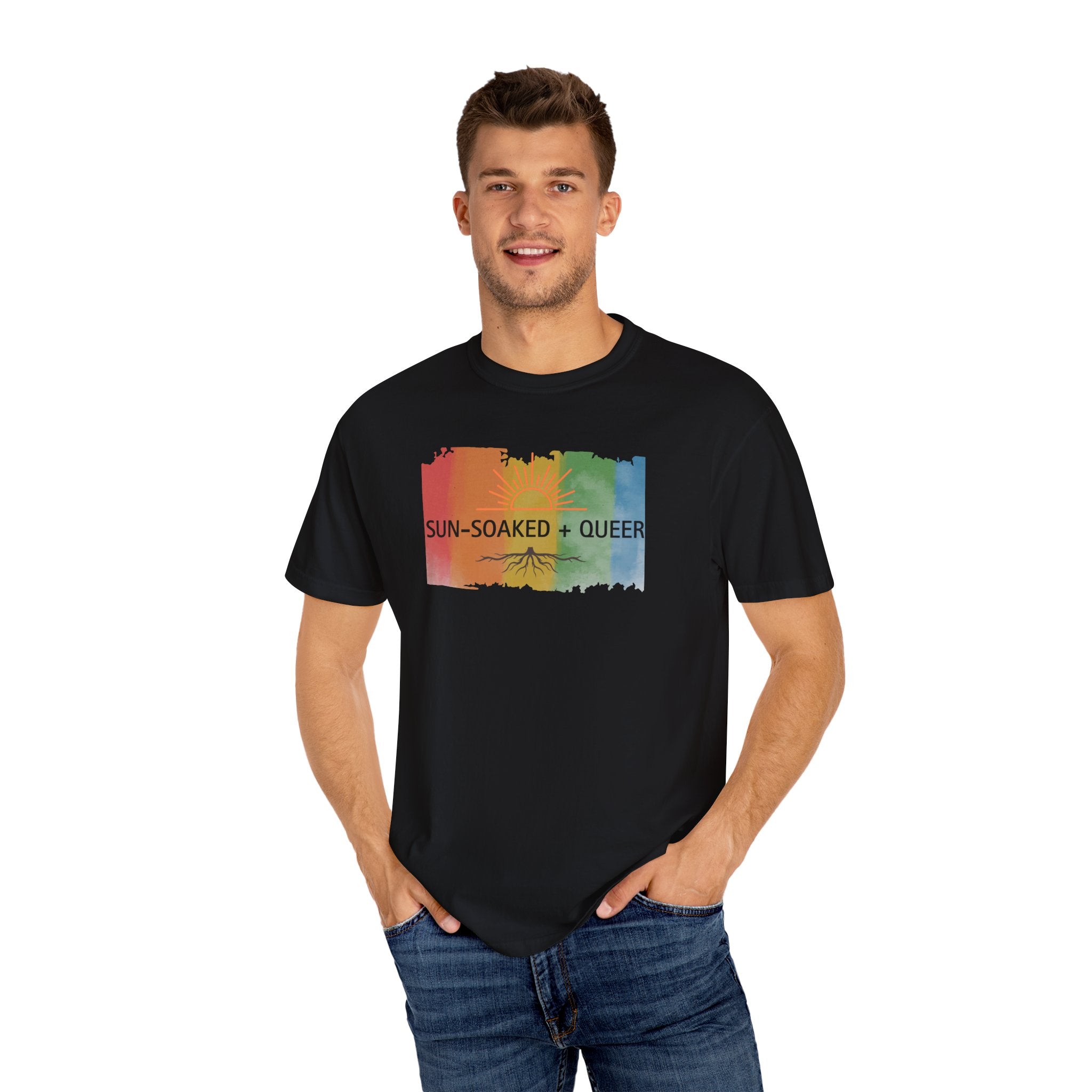 Sun-Soaked + Queer Pride T-Shirt | LGBTQ+ Rainbow Roots Tee | Queer Graphic Shirt | Gay Pride Apparel | Lesbian Owned Merch | Wild & Wander