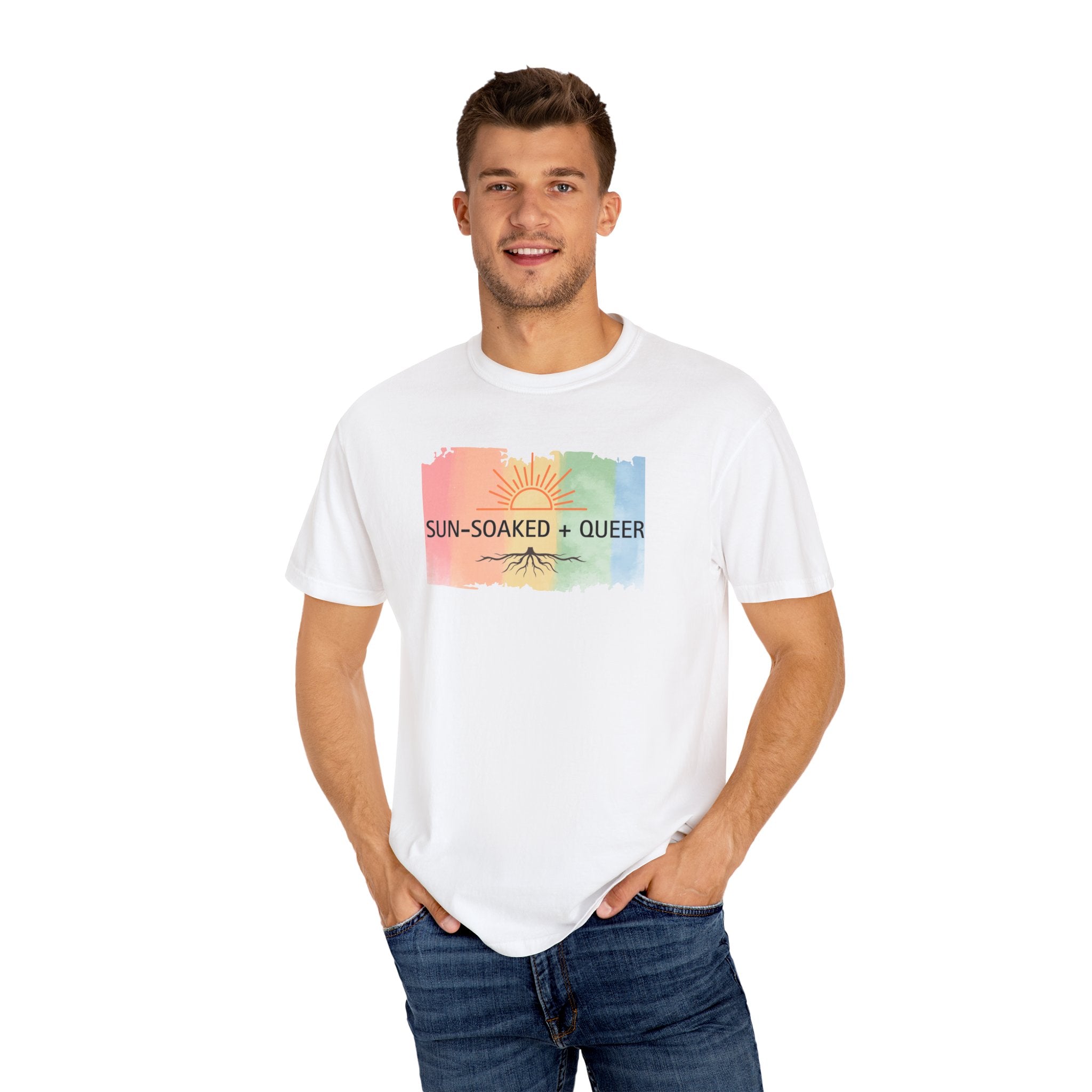 Sun-Soaked + Queer Pride T-Shirt | LGBTQ+ Rainbow Roots Tee | Queer Graphic Shirt | Gay Pride Apparel | Lesbian Owned Merch | Wild & Wander