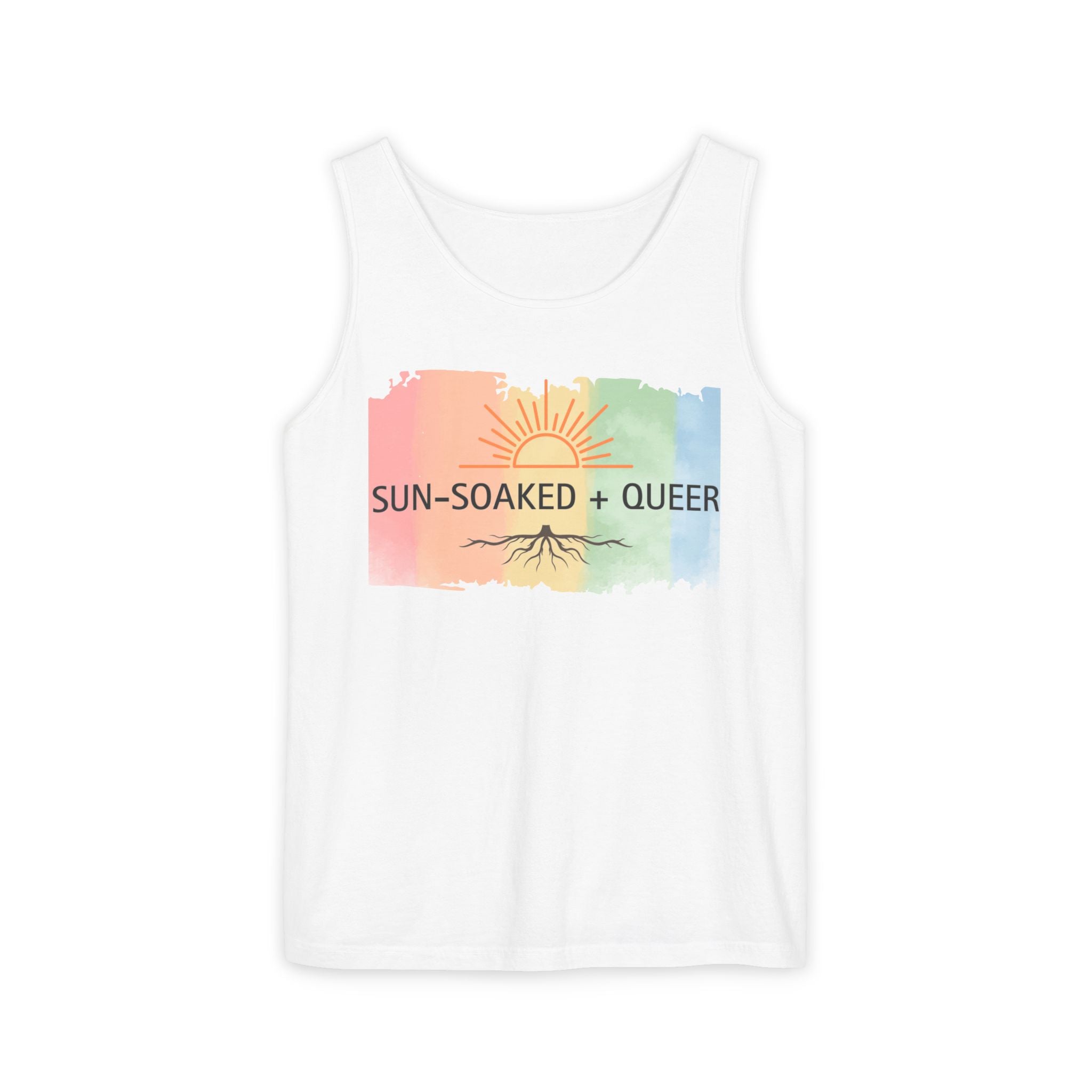 Sun-Soaked + Queer Pride Tank Top | LGBTQ+ Summer Shirt | Lesbian Queer Tank | Rainbow Roots Graphic | Gay Pride Apparel | Wild & Wander