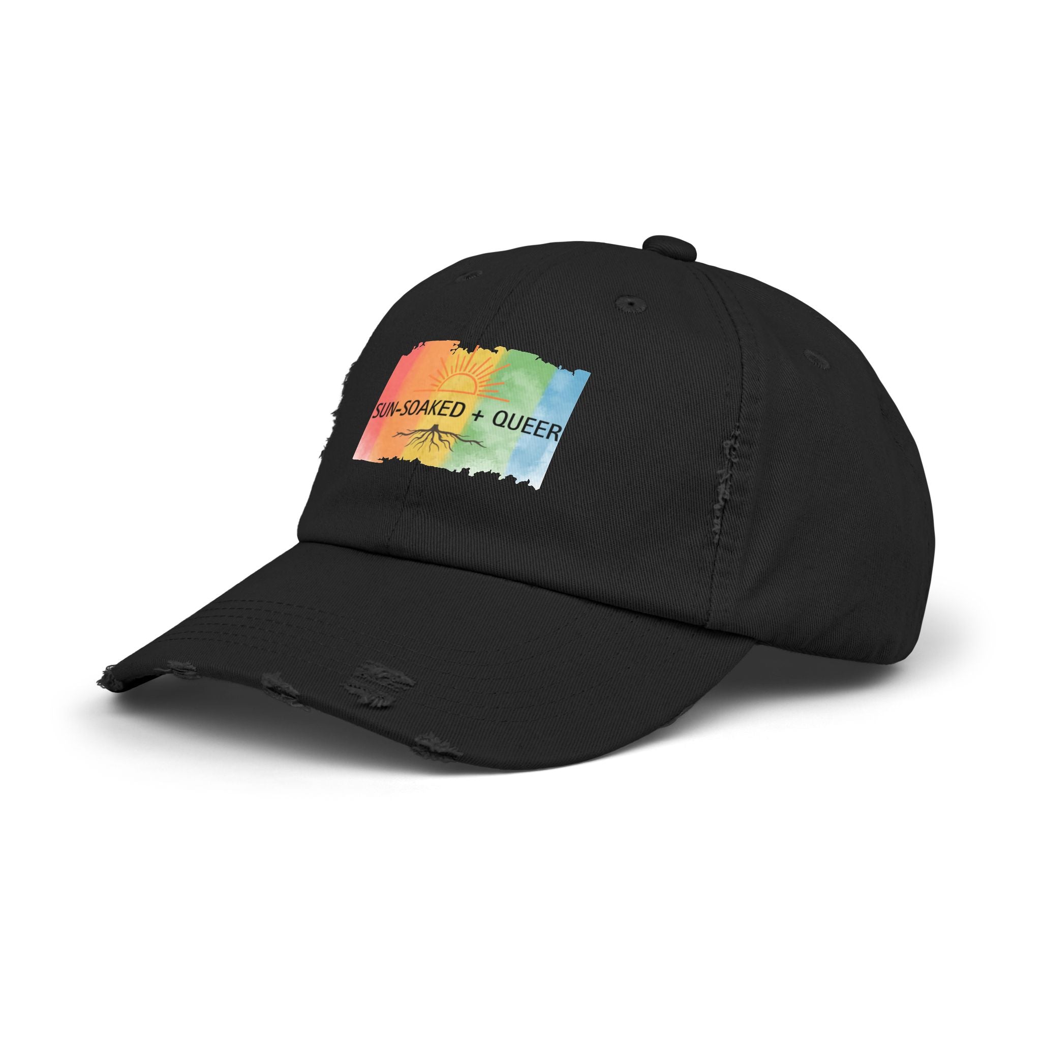 Sun-Soaked + Queer Pride Hat | LGBTQ+ Distressed Baseball Cap | Rainbow Roots Queer Hat | Gay Pride Cap | Soft Queer Apparel | Wild & Wander